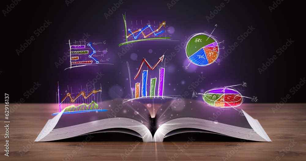 Naklejka premium Book on wooden deck with glowing graph illustrations