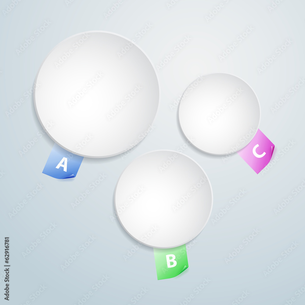 Three white paper round notes. Infographics template design.