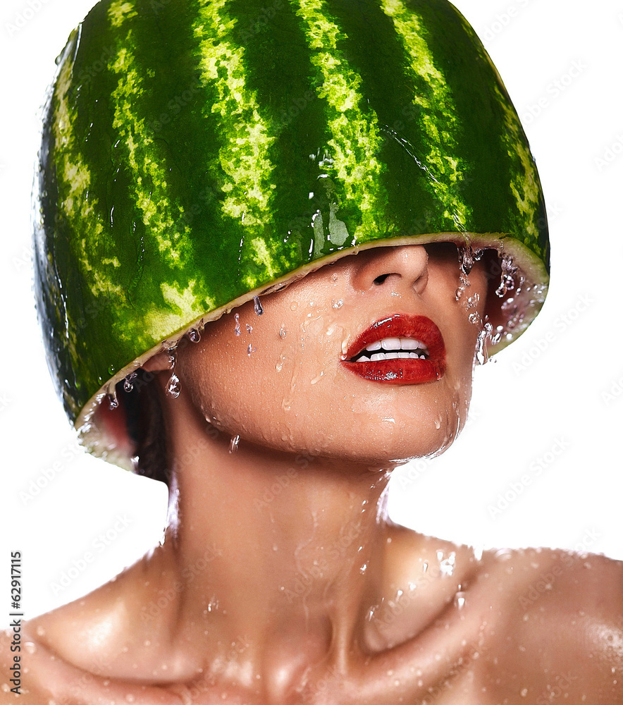 sexy model with water-melon on head with white teeth foto de Stock | Adobe  Stock