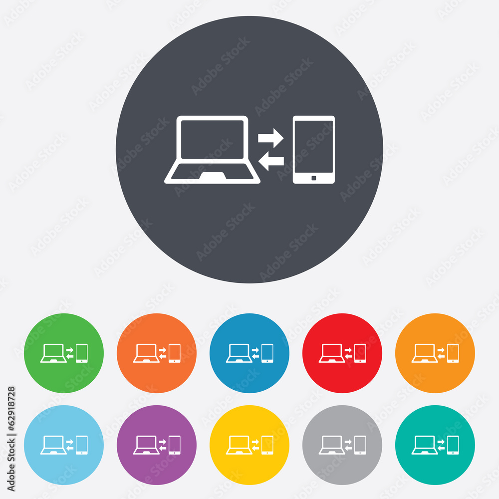Synchronization icon. Notebook with smartphone. Synchronization icon. Notebook with smartphone.