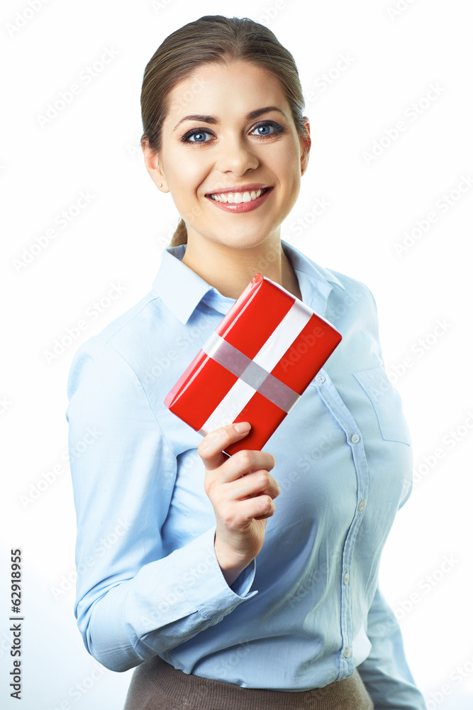 Isolated smiling business woman hold gift box. White background Isolated smiling business woman hold gift box. White background