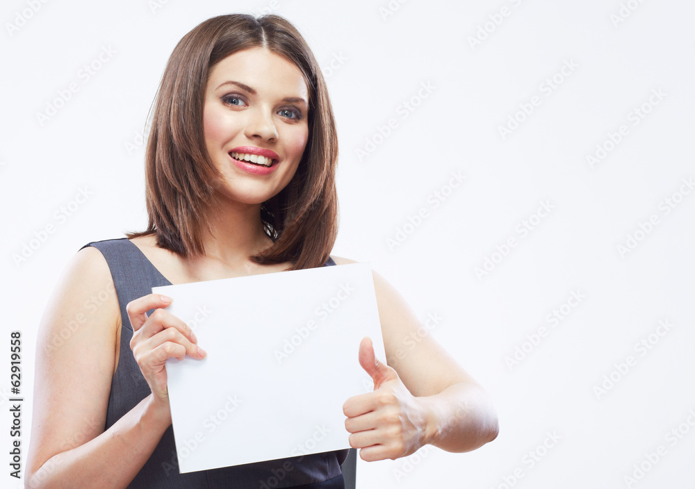 Business woman hold white blank paper. Young smiling girl show Business woman hold white blank paper. Young smiling girl show