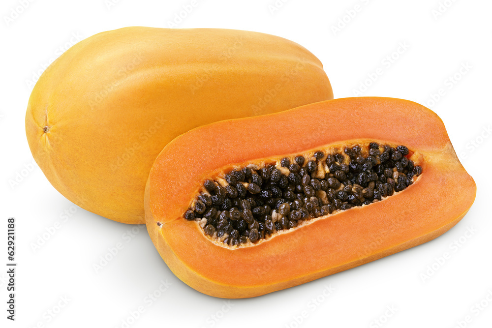 Papaya fruit with half isolated on white with clipping path Papaya fruit with half isolated on white with clipping path