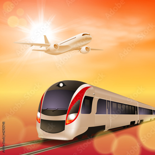 High-speed train and airplane in the sky. Sunset time.