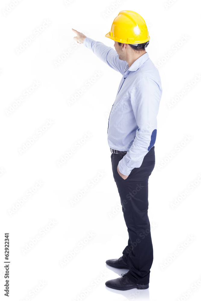 Engineer pointing at something, isolated on white