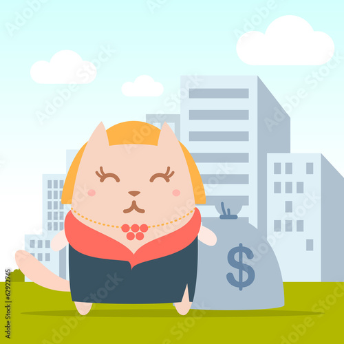 Character  rich lady in a fur coat and a necklace colorful flat