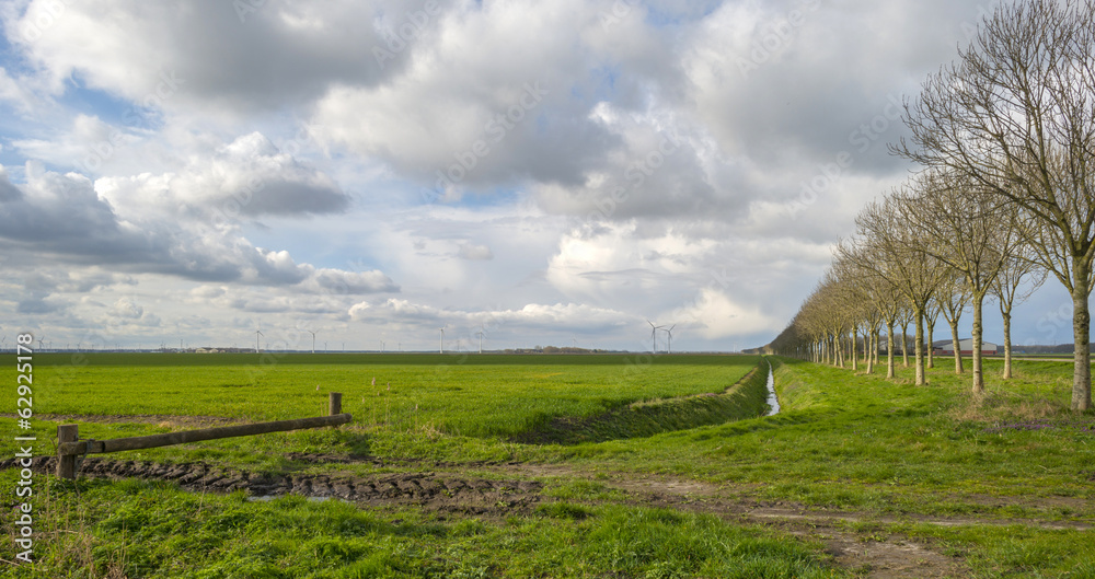 Ditch through a sunny and cloudy countryside