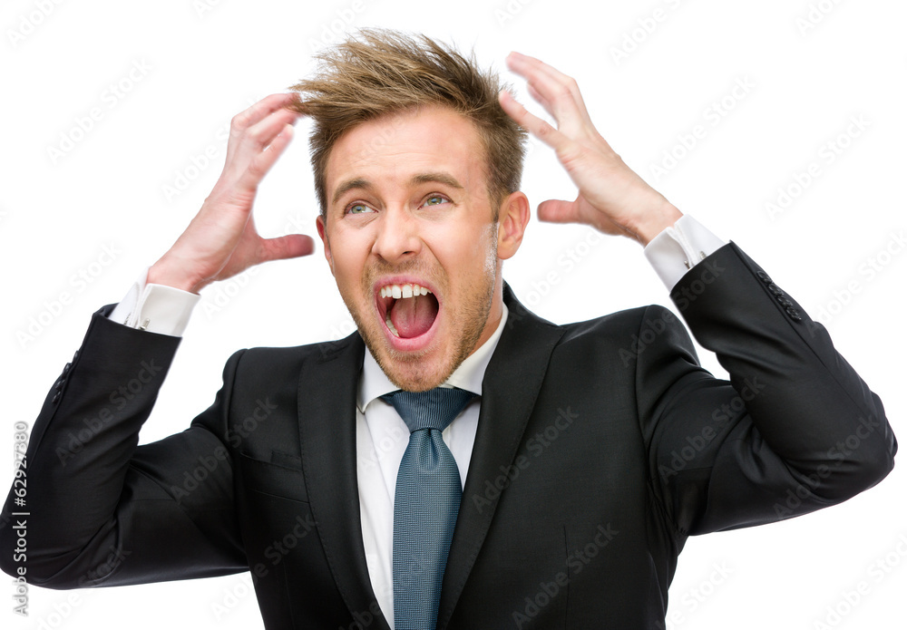 Half-length portrait of businessman putting hands on head Half-length portrait of businessman putting hands on head