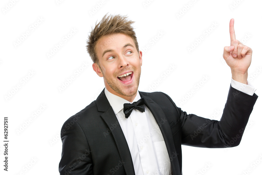Half-length portrait of businessman forefinger gesturing Half-length portrait of businessman forefinger gesturing