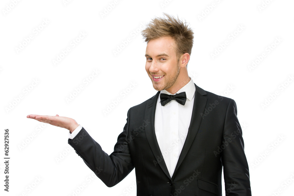 Half-length portrait of white collar with palm up, isolated Half-length portrait of white collar with palm up, isolated