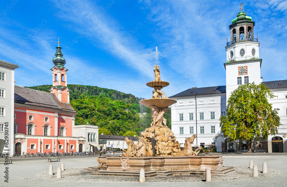 Famous Residenzplatz with Residenzbrunnen in Salzburg, Austria