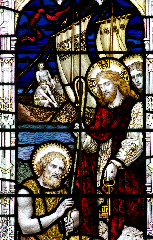 Jesus and St. Peter with keys, in stained glass.