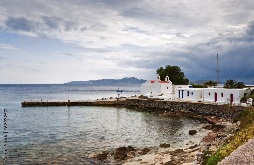 Harbour with small church in Mykonos