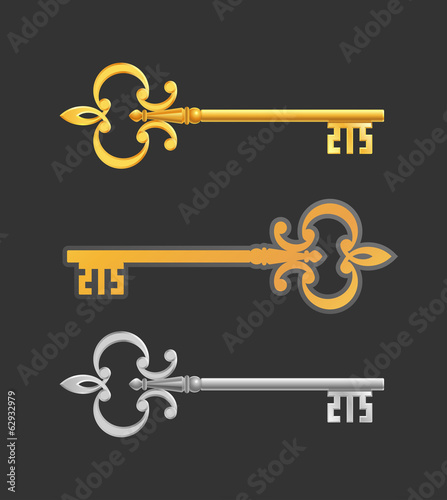 Medieval Keys. Gold- and silver-colored old-fashioned keys