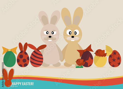 Happy easter cards with easter eggs  cute rabbit  ribbon. Concep