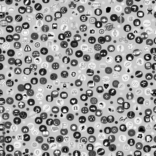 Icons and circles seamless pattern in grey photo