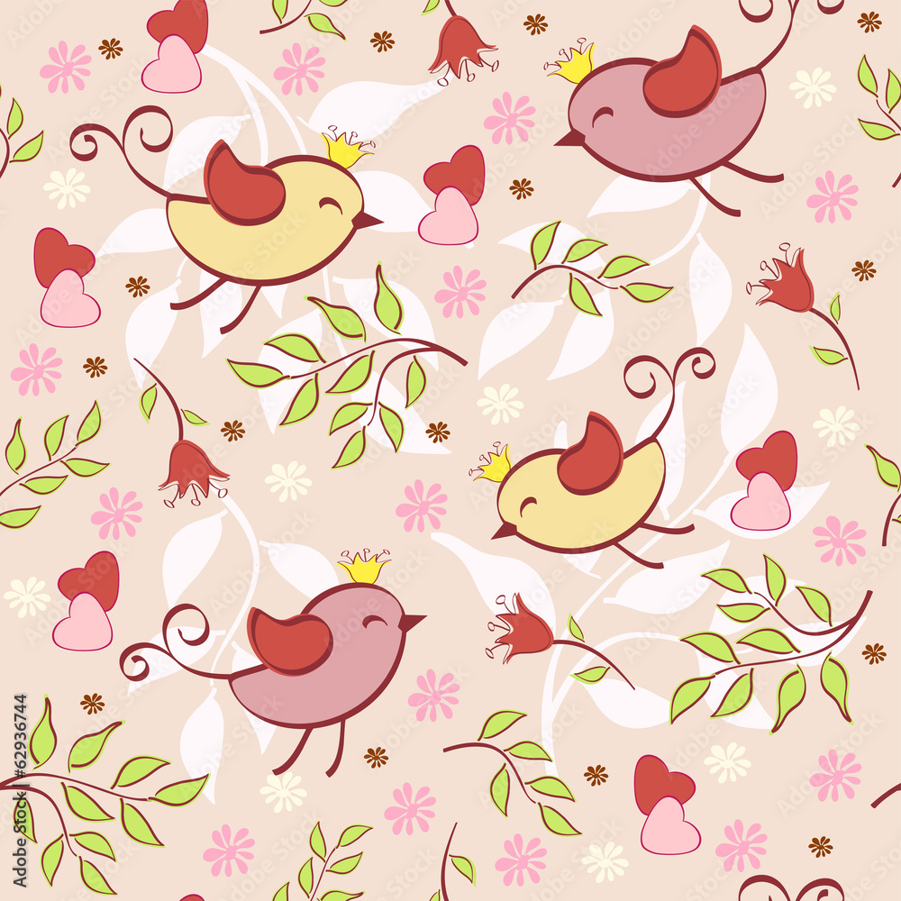 Floral seamless with birds