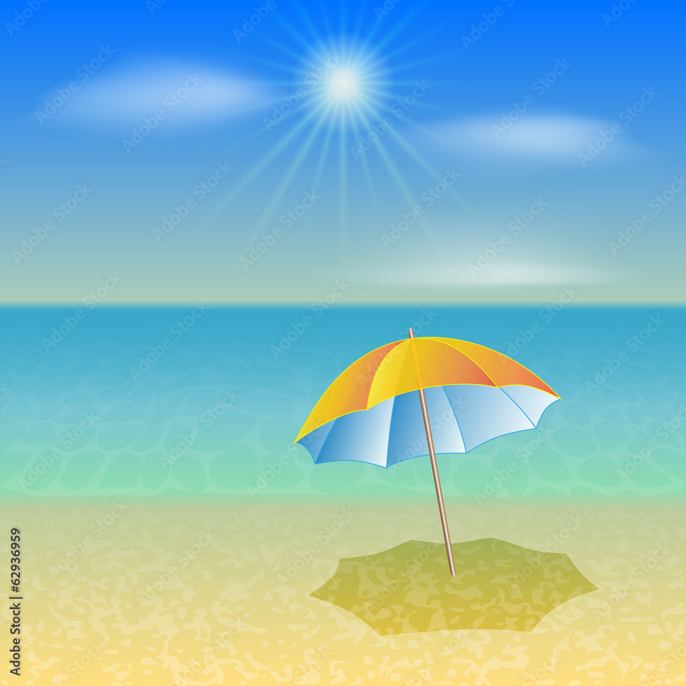 Vector illustration of sunny sea beach with umbrella