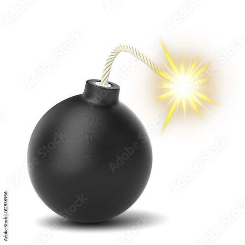 Burning black bomb isolated on white background