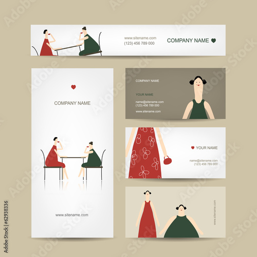 Set of business cards design, friends drink tea in cafe
