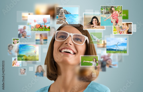 Portrait of young happy woman sharing her travel vacation photo
