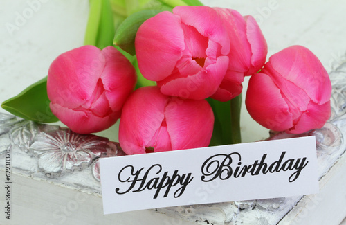 Fototapeta Naklejka Na Ścianę i Meble -  Happy Birthday card with pink tulips