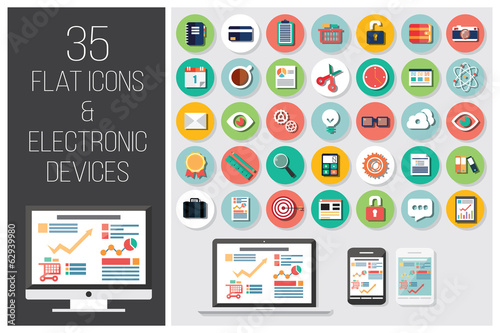 35 flat web icons and 4 electronic devices, vector illustration