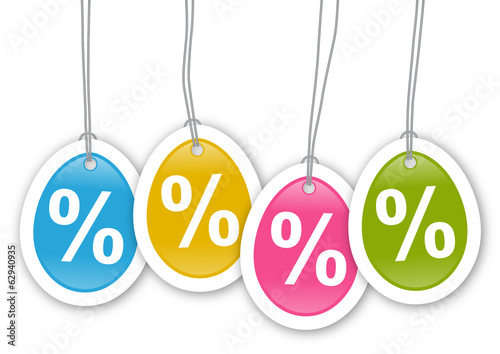 Eiförmige Anhänger mit Prozentzeichen in blau, gelb, pink, grün