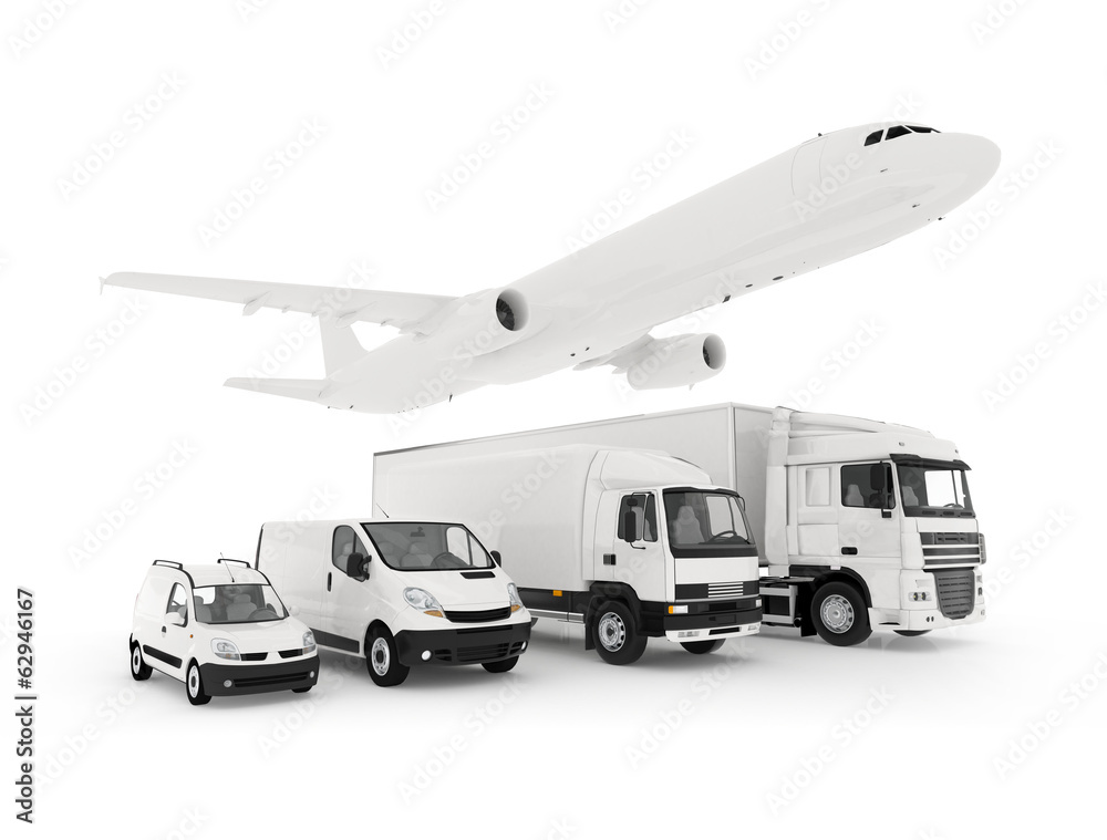 Cargo plane, truck, lorry and a delivery cars