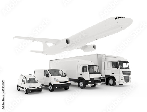 Cargo plane, truck, lorry and a delivery cars