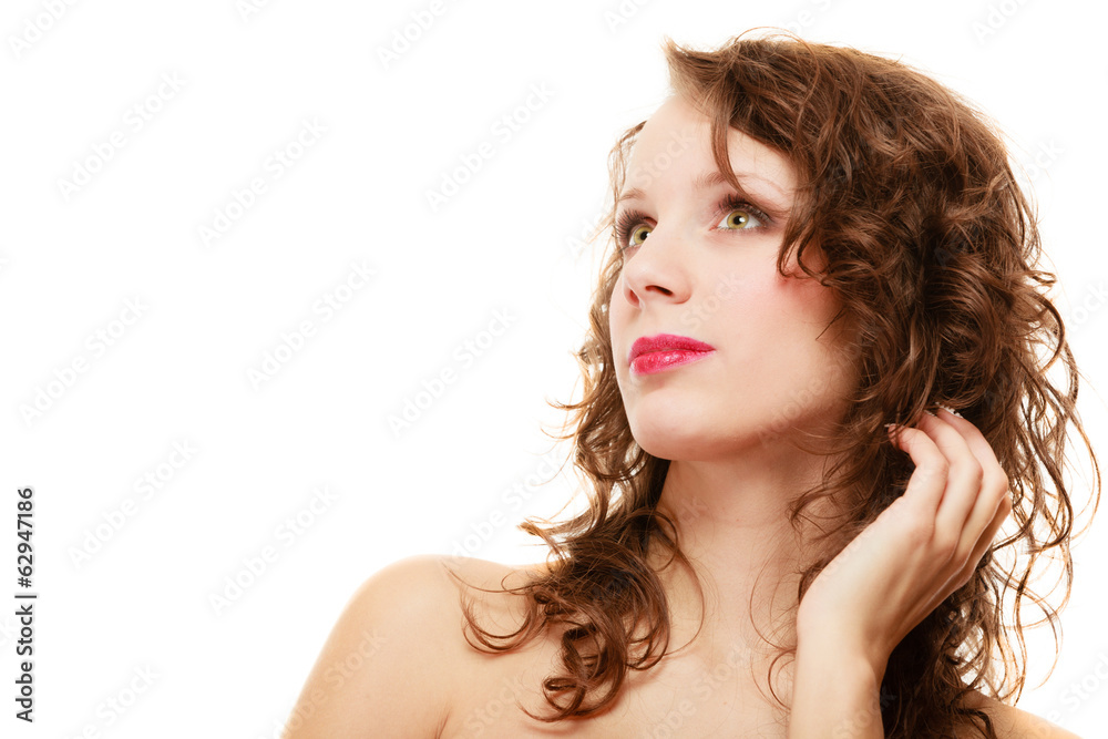 Portrait pretty thoughtful woman curly hair isolated Portrait pretty thoughtful woman curly hair isolated