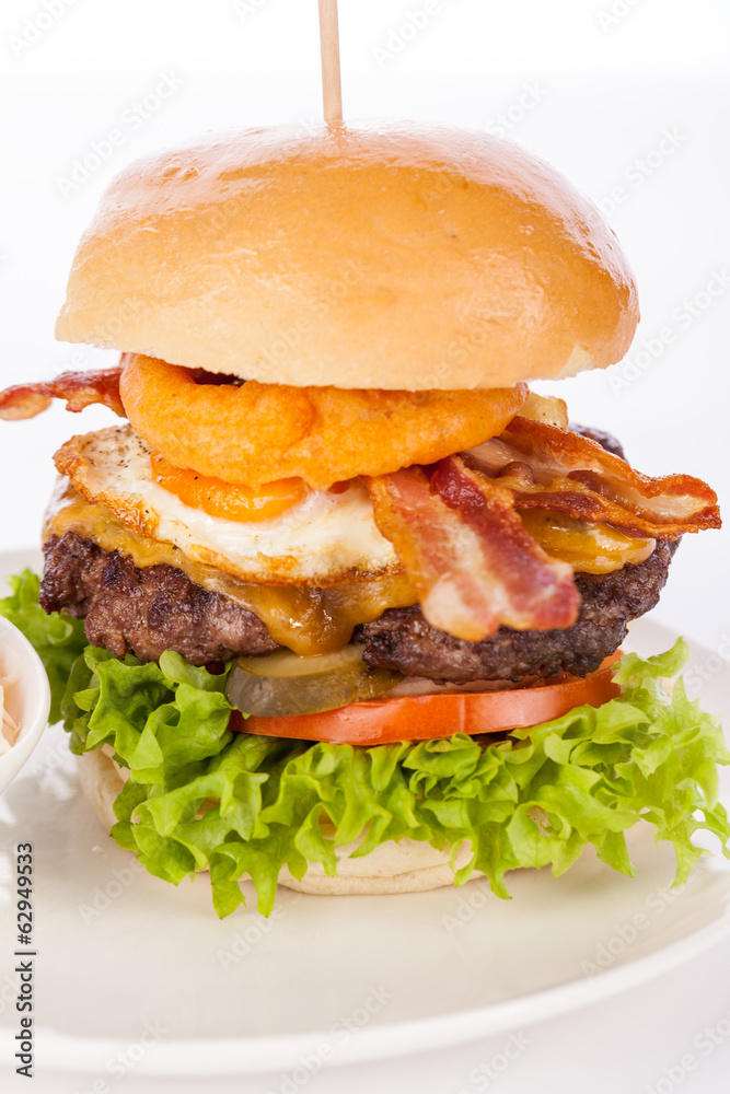 Delicious egg and bacon cheeseburger Delicious egg and bacon cheeseburger