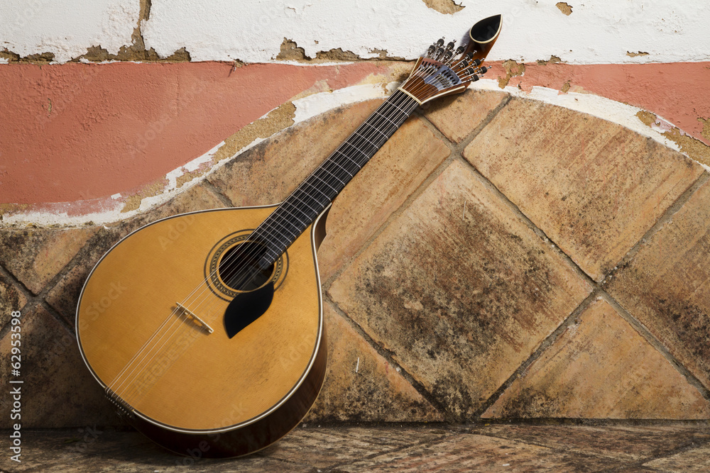 Obraz premium traditional portuguese guitar on a stone bench.