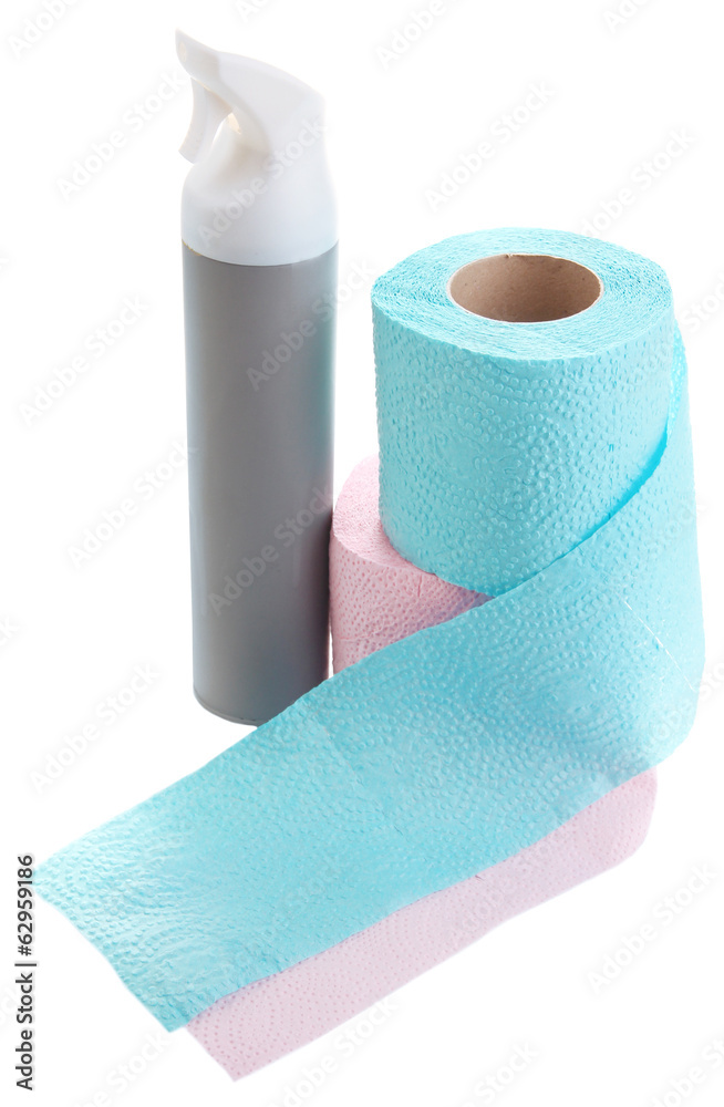 Obraz premium Color toilet paper roll and air fresher. isolated on white