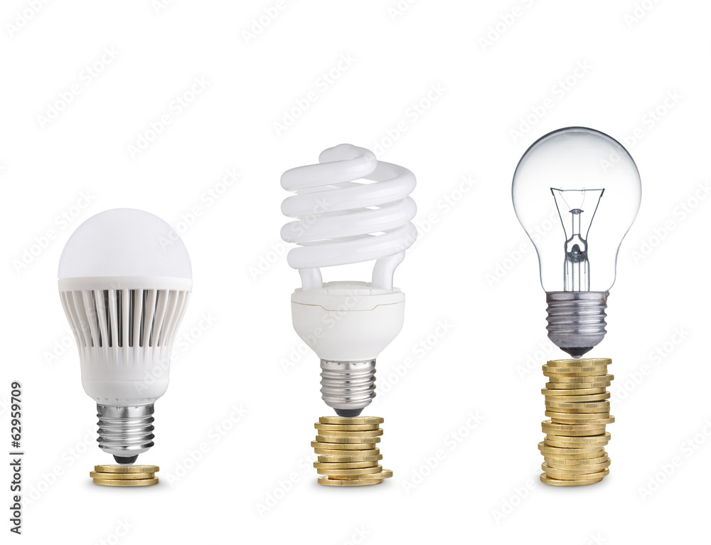 Money saved in different kinds of light bulbs. Isolated on white Money saved in different kinds of light bulbs. Isolated on white