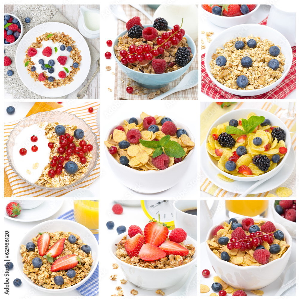 breakfast with muesli and berries, collage of nine photos breakfast with muesli and berries, collage of nine photos