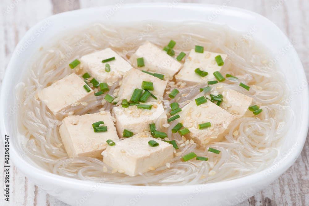 soup with rice noodles, tofu and green onions, close-up soup with rice noodles, tofu and green onions, close-up