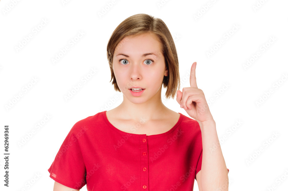young woman shows sign and symbol on white background young woman shows sign and symbol on white background