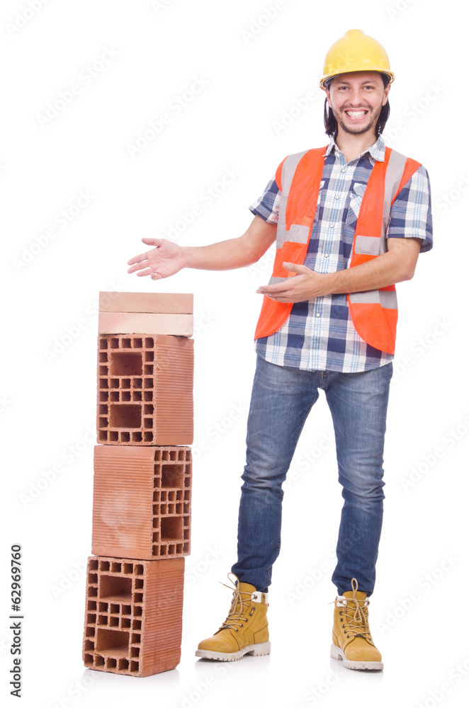 Builder with clay bricks isolated on white Builder with clay bricks isolated on white