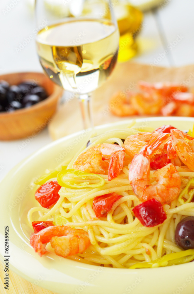 Seafood spaghetti pasta dish with shrimps Seafood spaghetti pasta dish with shrimps
