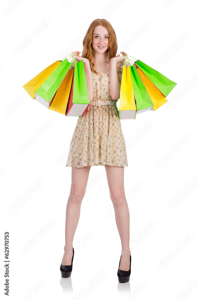 Woman after shopping isolated on white