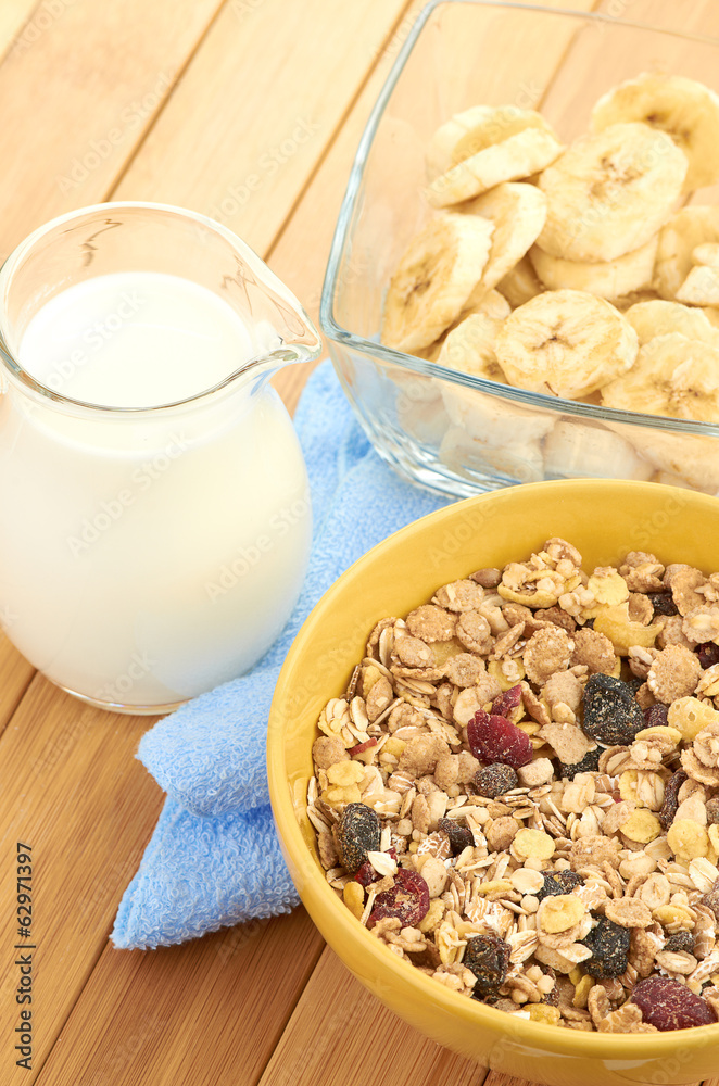 Delicious and healthy cereal in bowl with milk Delicious and healthy cereal in bowl with milk