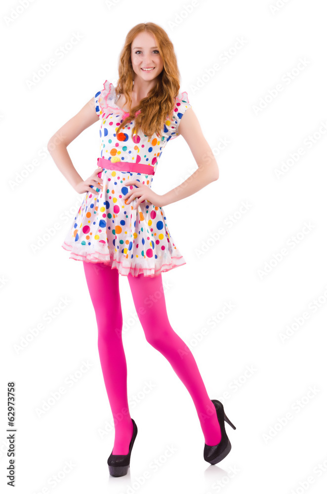Young model with pink stockings on white Young model with pink stockings on white