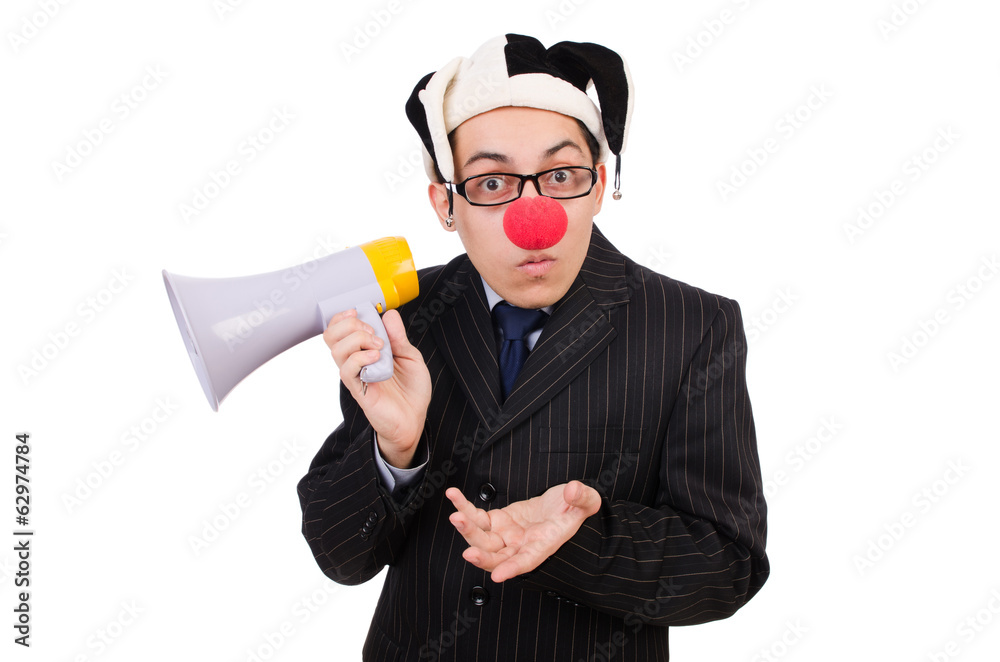 Businessman clown with loudspeaker on white Businessman clown with loudspeaker on white