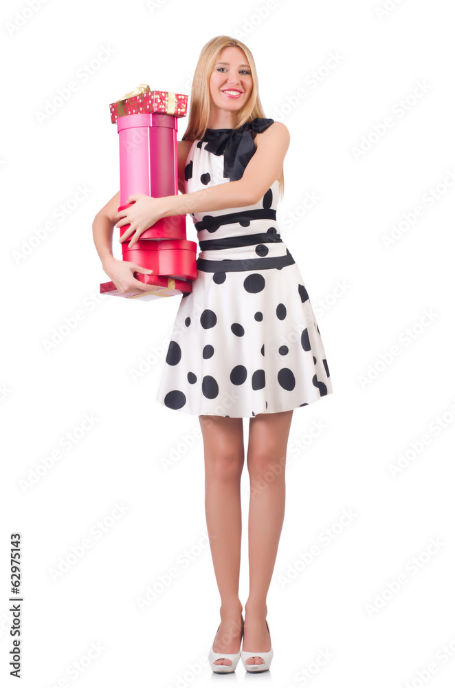 Young woman with christmas shopping on white Young woman with christmas shopping on white