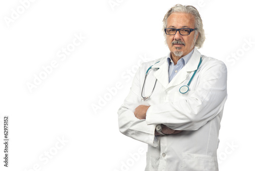 caucasian mature male doctor on bright background