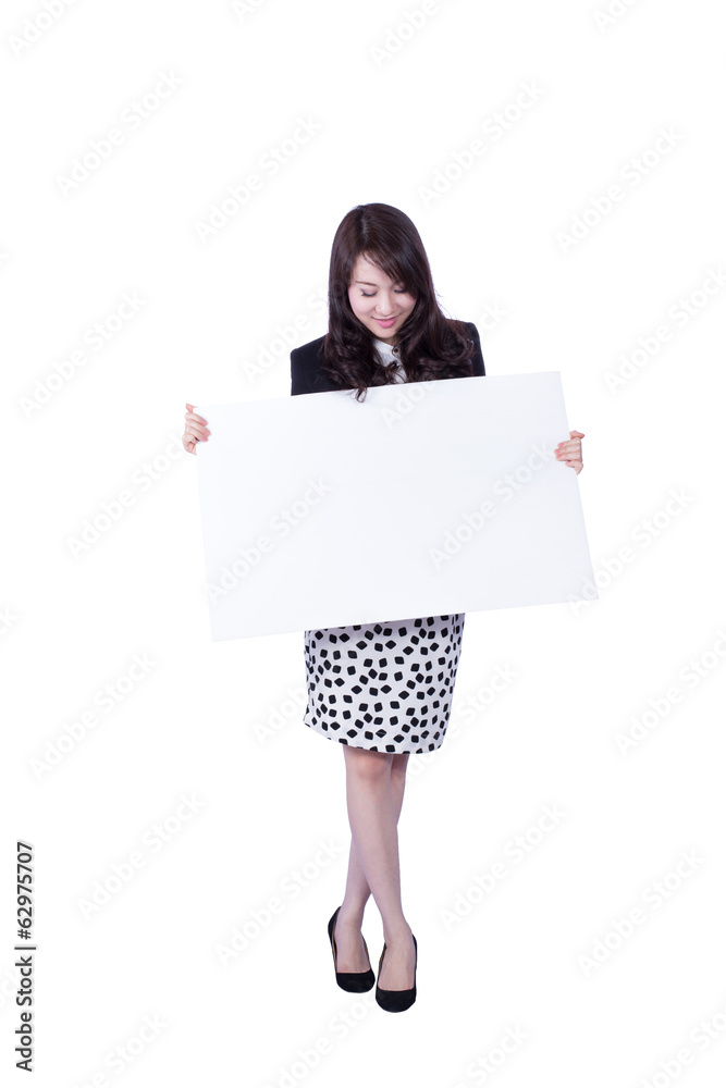 young business woman showing blank signboard young business woman showing blank signboard