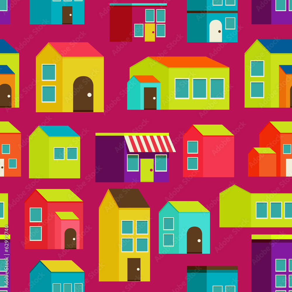 town concept background. Flat Seamless pattern with colorful