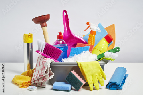 Murais de parede House cleaning products pile on white background