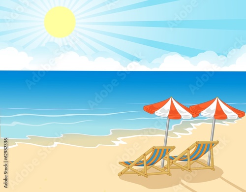Beach chair and umbrella on tropical beach